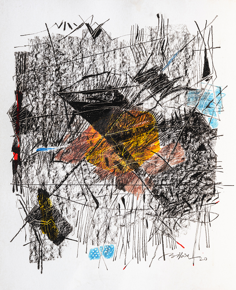 An abstract artwork featuring a dynamic interplay of lines and shapes in black, orange, yellow, and blue, creating a visually striking composition.