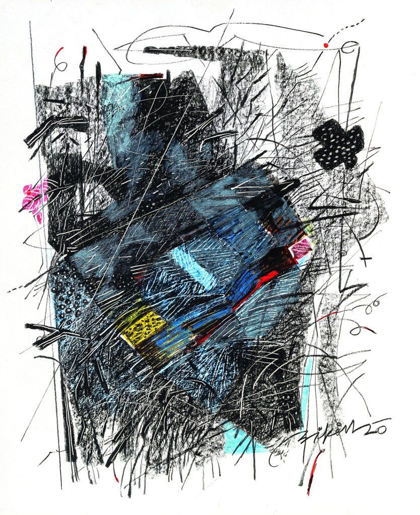 An abstract art piece featuring bold, dark colors, geometric shapes, and dynamic lines. The artwork combines various textures and colors, including blue, black, red, and yellow, creating a visually striking composition.