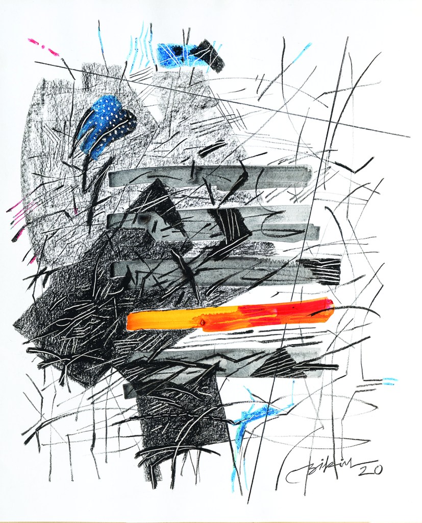 An abstract artwork featuring a chaotic arrangement of dark lines and shapes, with splashes of blue and orange. The composition includes textures resembling layers, creating a dynamic interplay of color and form.