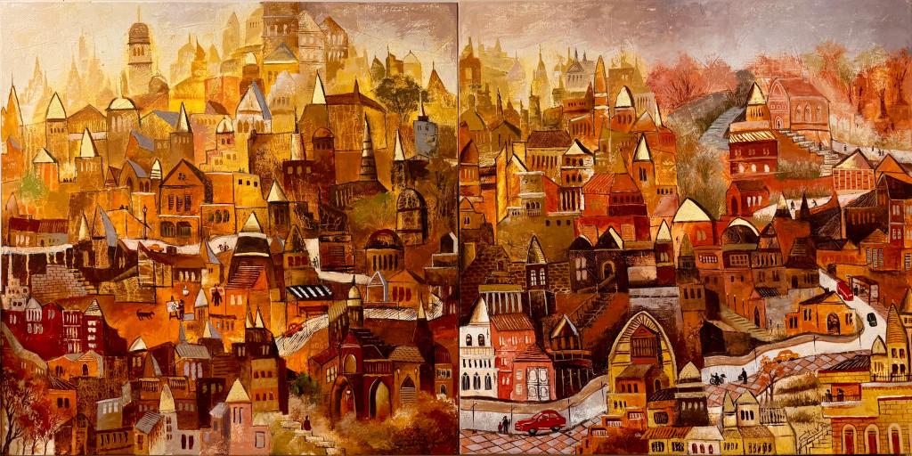 A vibrant cityscape painting featuring densely packed buildings in warm colors, with a variety of architectural styles and intricate rooftops, set against a hazy sky.
