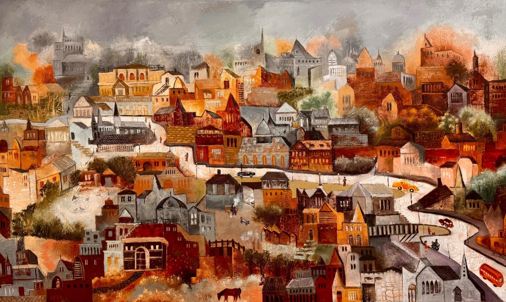 A colorful painting depicting a stylized cityscape with various buildings, streets, and vehicles. The architecture features a mix of shapes and styles, primarily in warm hues of orange, red, and gray.