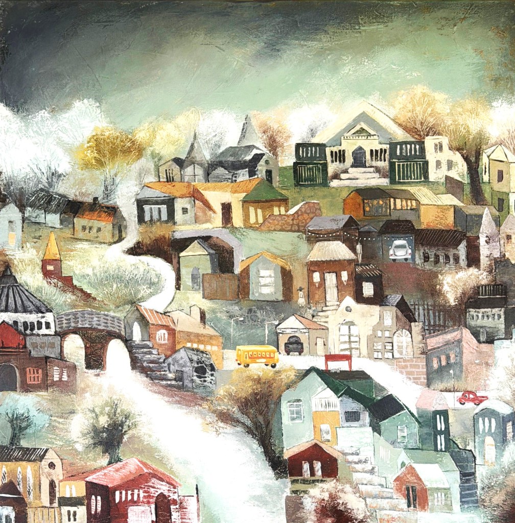 An artistic landscape illustration depicting a quaint village with colorful houses, winding roads, and a bridge, under a cloudy sky.